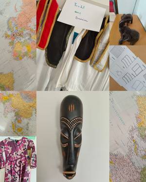 Collage mit Bildern von landestypischer Deko