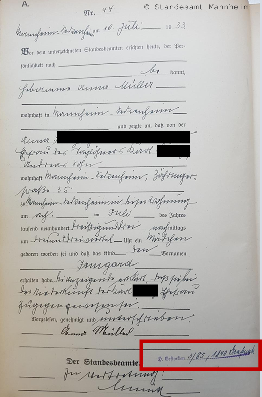Geburtsurkunde Irmgard Seitz