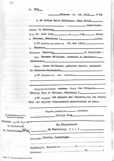 Sterbeurkund Harro Lothar Böttinger